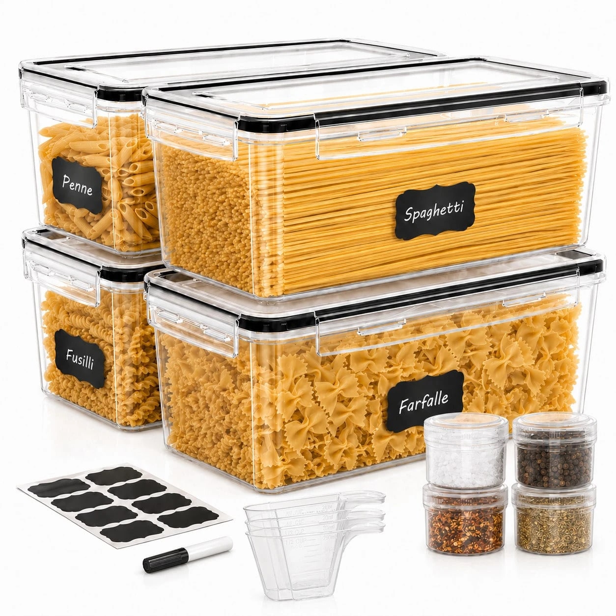 Food Snacks Label - 8個入り気密食品保存容器セット、4つの容器+4つの蓋、食器洗い機対応パスタ保存容器（スパゲッティ、麺類、シリアル、小麦粉、スナック、乾燥食品用）、漏れ防止スタッカブルキッチンパントリーオーガナイザー容器（スクープ、ラベル、マーカー付き）