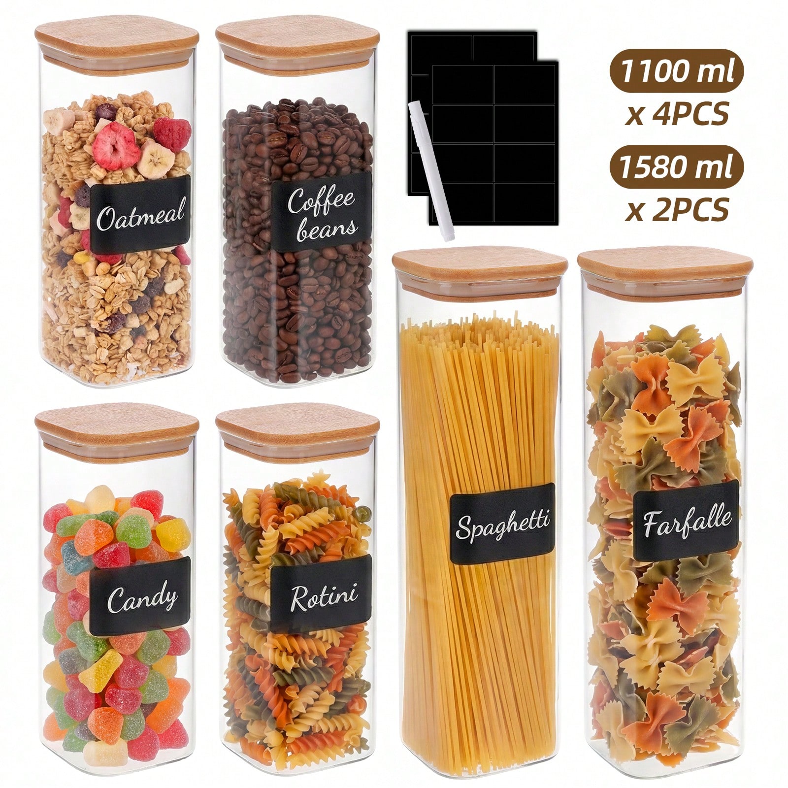 Food Snacks Label - ガラス製食品保存容器 竹製密閉蓋付き 12個セット 2サイズ 470ml 1100ml