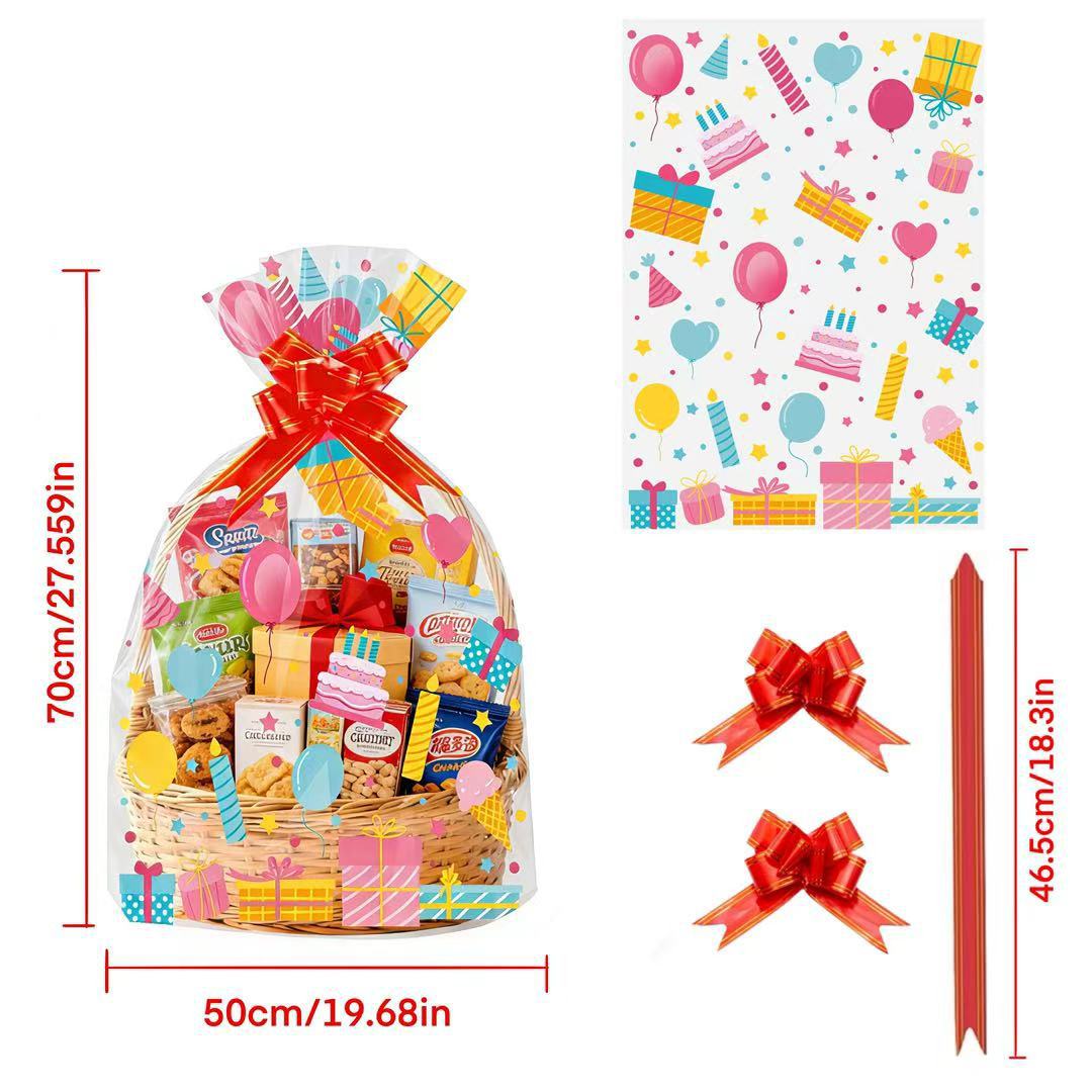 Snacks Food Gift Baskets - 20枚入り 誕生日プリント クリアOPPギフトバスケットバッグ セロファンラップバッグ 引き紐付き フルーツスナック