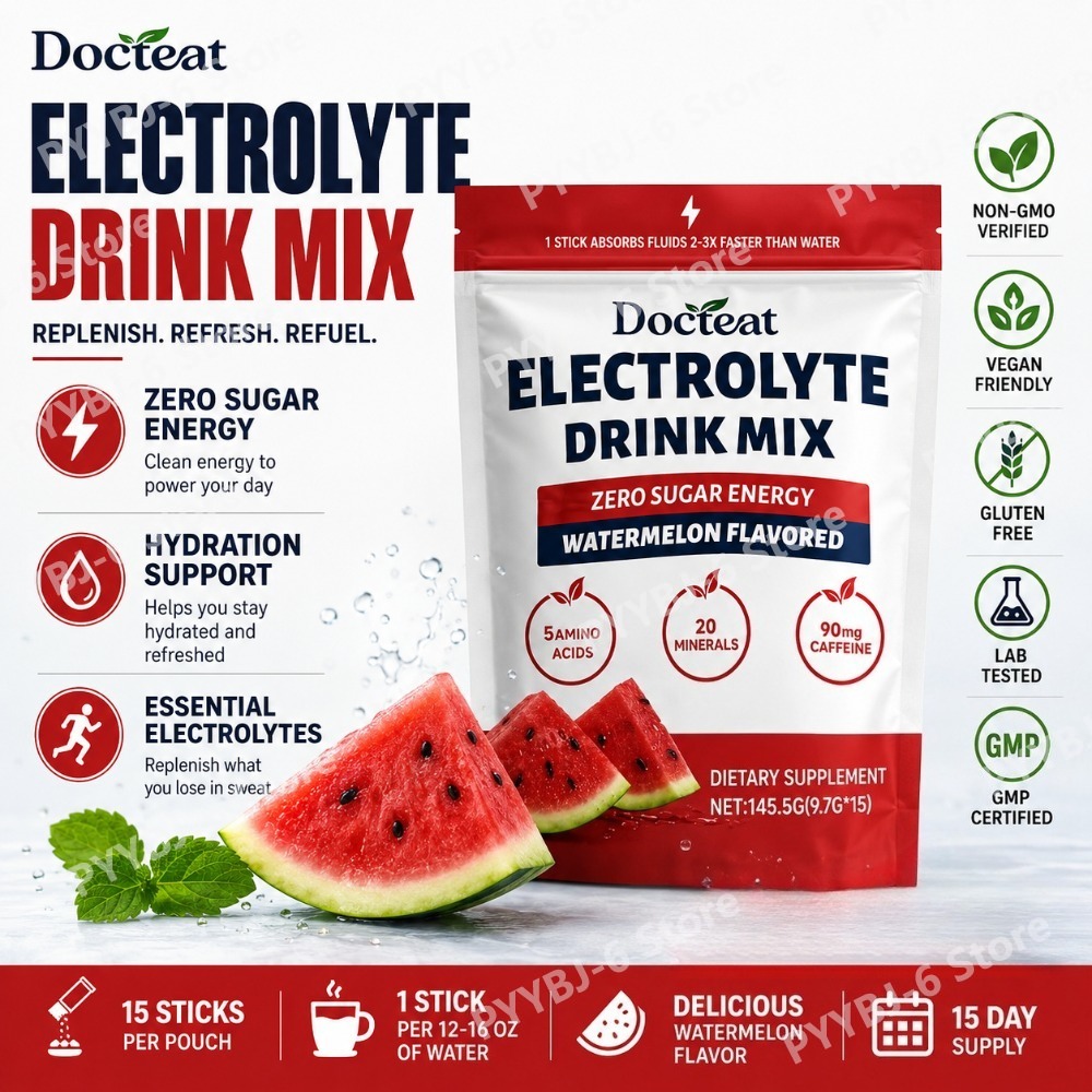 Food Snacks To Eat - ドクテット電解質ドリンクミックス ウォーターメロン風味 無糖パウダー、15回分、90mgカフェイン、L-シトルリンとタウリン配合
