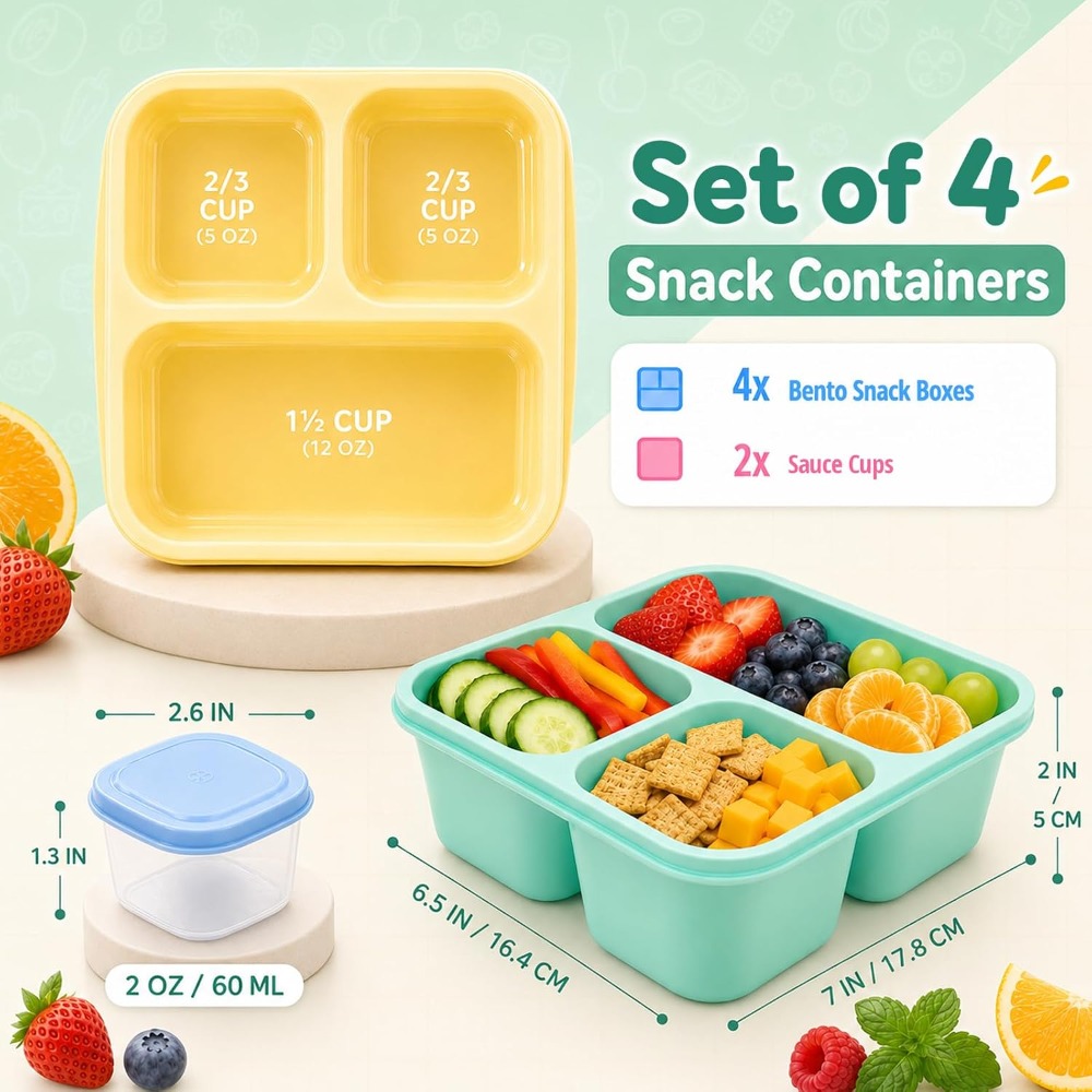 3コンパートメント弁当箱 大人用スナック容器 再利用可能 積 - Food Snacks To Eat のレビューと価格